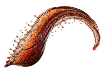 Dynamic splash of thick, chilled artisanal root beer, frozen in hyperrealistic 3d cgi, showing thousands of droplets against a transparent background with copy space. concept for beverage advertising