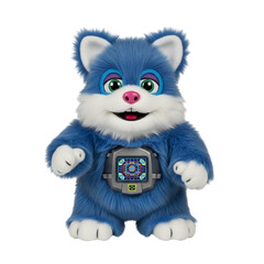 Cuddly blue toy robot with colorful eyes and interactive screen