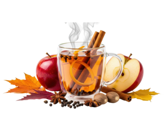 hot spiced amber tea steaming in a clear glass mug surrounded by star anise, cinnamon, cloves, autumn leaves, and a bicolor apple, on a white background with copy space. concept for autumnal hygge