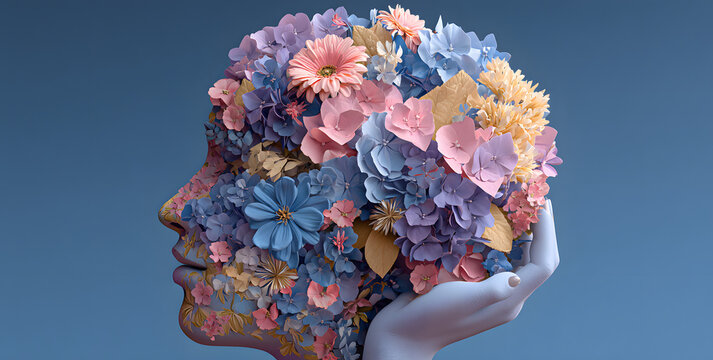 Hands holding paper head, human brain with flowers, self care and mental health concept, positive thinking, creative mind, generative AI used for brain