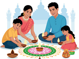 Indian Family Celebrating Diwali or Puja with Diyas and Rangoli Vector