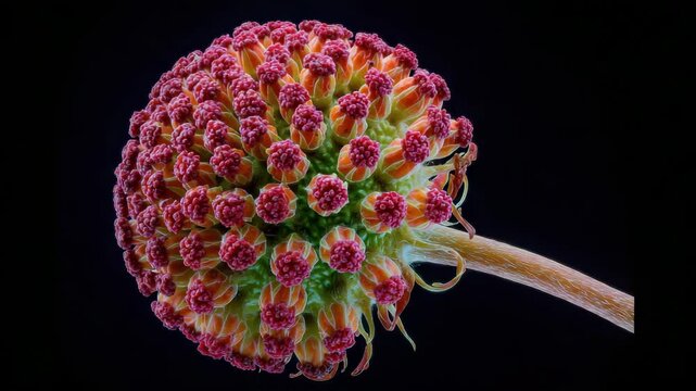 Close Up View of a Scarlet and Green Mimosa Flower Bud with Orange Stem Against a Deep Black Backdrop