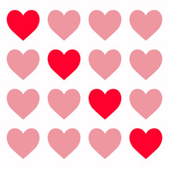 Red Pink heart pattern. Happy Valentines Day. Cute Love sign symbol. Simple shape. Greeting card, sticker, invitation template. Cute graphic object. Flat design. Isolated. White background. Vector