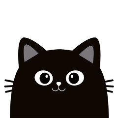 Cute cartoon peeking cat head face silhouette. Kawaii character. Black kitten animal. Baby card. Pet collection. Flat design. Childish style. Sticker print. White background. Isolated. Vector