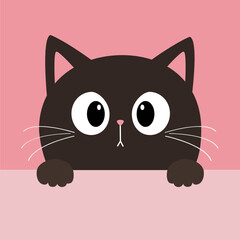 Cat kitty black silhouette paws holding paper. Cute Peeking kitten. Kawaii cartoon funny baby character. Happy Valentines Day. Childish style. Greeting card. Flat design Pink background. Vector
