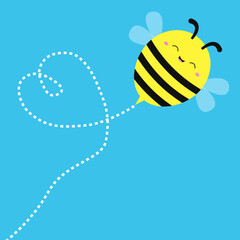 Cute Flying Bee bumblebee honeybee icon. Dash line heart. Cartoon kawaii funny character. Yellow black flying insect. Happy Valentines Day. Childish style. Flat design. Blue background. Vector