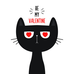 Be my Valentine. Black cat kitten kitty with red heart eyes. Funny head face. Happy Valentines Day. Cute cartoon kawaii animal character. Love card. Flat design. White background. Isolated. Vector