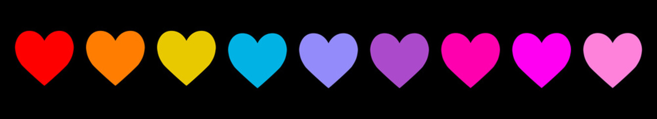 Colorful heart icon set line. Happy Valentines day. Different color. Love sign symbol simple template. Greeting card. Decoration element. Square composition. Simple flat design Black background Vector