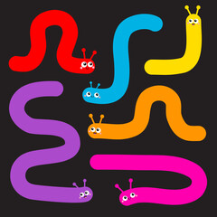 Caterpillar set. Insect icon. Cute crawling bug. Cartoon funny kawaii baby animal character. Smiling face. Colorful bright blue green yellow red orange pink color. Flat design. Black background Vector