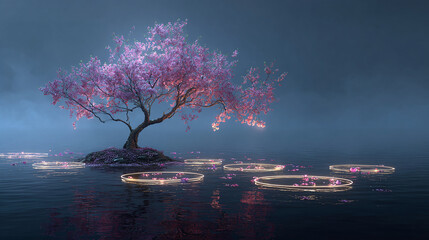 A serene and beautiful scene of a blossoming tree over water with a ring of light