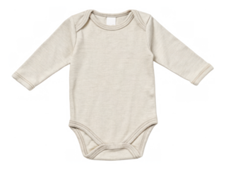A light-colored long-sleeve baby bodysuit with a soft texture and simple design, suitable for infants.