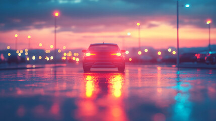 Car driving through vibrant cityscape at dusk with colorful lights reflecting on wet road
