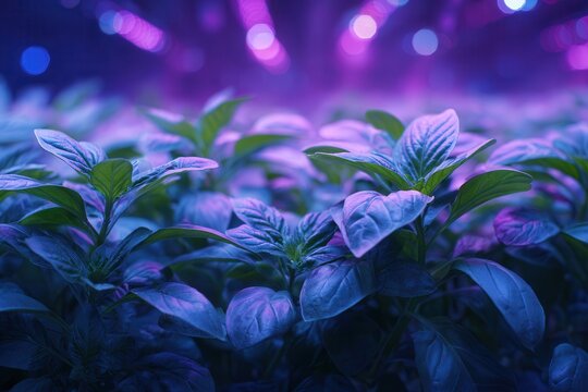Fresh green hydroponic plants contrasting with cold purple-blue LED grow lighting