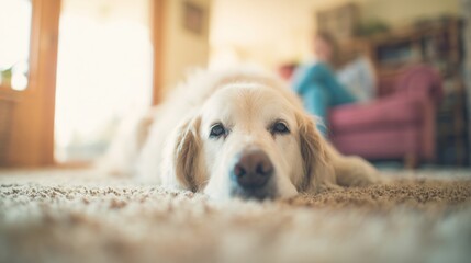 Golden retriever lies on rug with owner in background