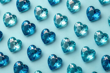Blue Heart-Shaped Sapphire Gemstones Grid on Light Blue Background - Serene Romantic Crystal Wallpaper