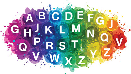 Colorful alphabet letters splash illustration with vibrant paint blobs for education creativity learning design backgrounds typography concepts abstract modern