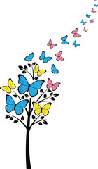 Butterfly tree illustration with colorful flying butterflies symbolizing growth freedom nature transformation and creative design for abstract backgrounds and decor