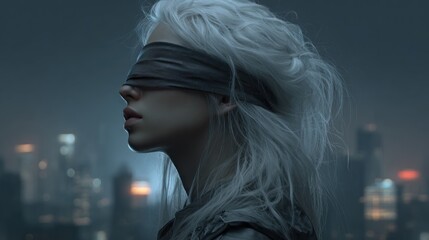 Fototapeta premium Woman with blindfold profile against urban cityscape evening view