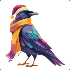 Vector illustration of a colorful crow in a vibrant geometric style, wearing a hat and scarf, isolated on a white background
