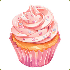 Vector illustration of a sweet cupcake with pink frosting and colorful sprinkles in a paper liner, dessert for bakery and celebration designs, isolated on a white background