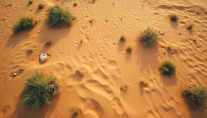 Aerial view of sandy desert dunes with sparse green vegetation and scattered rocks. Sun casts long shadows across the textured, arid terrain. Natural, peaceful landscape below.