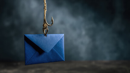 Phishing blue envelope fishing hook cybercrime email scam fraud concept danger security Suspicious blue envelope hangs from sharp fishing hook