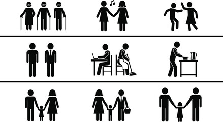 Human life cycle pictogram icons showing childhood adulthood family work leisure and aging stages for social concepts infographics and educational design