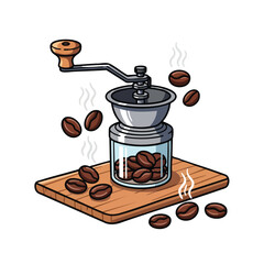 Manual coffee grinder with scattered beans on a wooden board illustration for fresh morning brew preparation