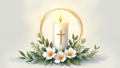 White candle with gold cross and delicate white flowers. Burning flame casts warm glow. Green leaves adorn base. Sacred symbol of faith hope peace.