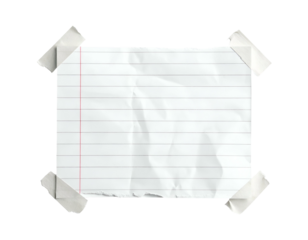 Crinkled lined paper secured with tape on a transparent background
