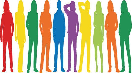 Colorful standing people silhouettes illustration representing diversity individuality teamwork and social inclusion concepts for modern design and creative projects