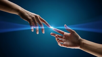 Two diverse human hands reaching for glowing blue light touching connection
