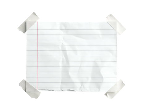 Crinkled lined paper secured with tape on a transparent background - Powered by Adobe