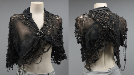 Distressed black lace shawl gothic crochet wrap chain embellished cape sheer mesh cover up grunge fashion accessory edgy Halloween costume layer