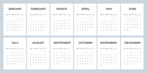 2026 minimal calendar template planner, week starts Monday.