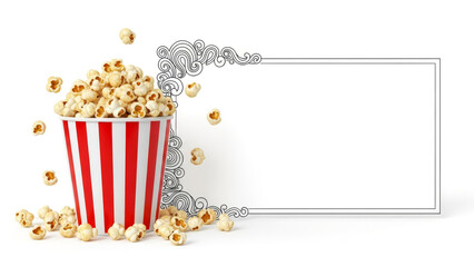 Popcorn in Striped Bucket with Ornate Frame and Copy Space for Movie or Event Promotion