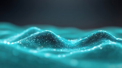 Abstract digital landscape with glowing turquoise particles creating wave-like forms, representing technology, data visualization, and modern aesthetics