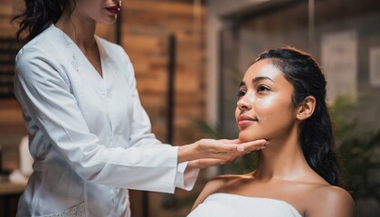 Beauty clinic concept young woman getting professional facial procedure portrait cosmetologist applying mask on client&rsquo;s face in spa salon wellness center healthcare occupation