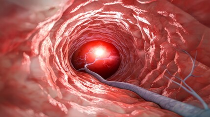 Sciatica concept. A detailed depiction of a blood vessel interior, showcasing a glowing core and intricate textures of the surrounding tissue.