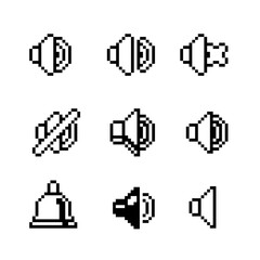 Set of pixel-art sound and volume pixel icons in retro 8-bit style, including speaker symbols, mute, loudness levels and bell notification signs for apps, games, UI and digital interfaces.