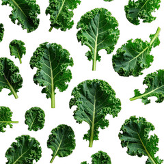 A seamless pattern of vibrant green curly kale leaves scattered across a deep black background.