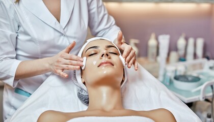 Beauty clinic concept young woman getting professional facial procedure portrait cosmetologist applying mask on client&rsquo;s face in spa salon wellness center healthcare occupation