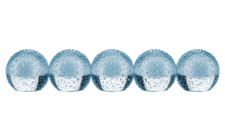 five pristine spherical aquamarine ice cubes covered in glistening condensation, macro shot on a transparent background with copy space. concept for beverage advertising