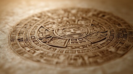 Fototapeta premium Ancient Aztec Calendar Stone Closeup on Parchment