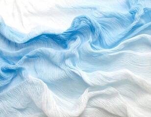 Abstract flowing light blue and white fabric texture with soft ripples and gentle folds creating a serene and ethereal visual