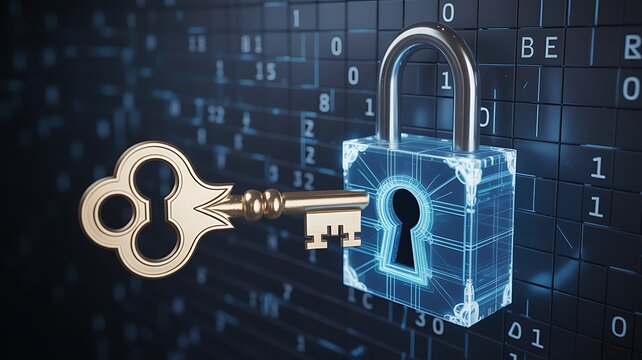 Golden Key unlocking a glowing blue wireframe padlock on a digital data background security - Powered by Adobe