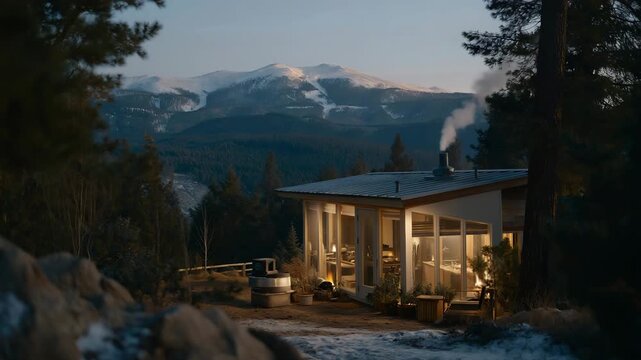 A biofuel-powered microturbine lighting up a remote off-grid cabin, warm interior glow contrasting with snowy mountains outside &mdash; sustainable energy independence and eco-friendly rural living.