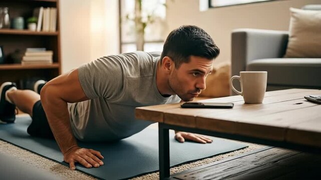 Man performing push-ups at home with a coffee mug nearby