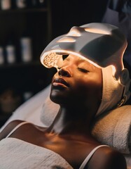 Beautiful young woman getting a led light therapy mask treatment for her face