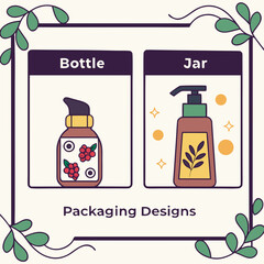 Set of cosmetic packaging designs, including a pump bottle and a jar, for beauty and skincare products, featuring berry and leaf illustrations, vector illustration
